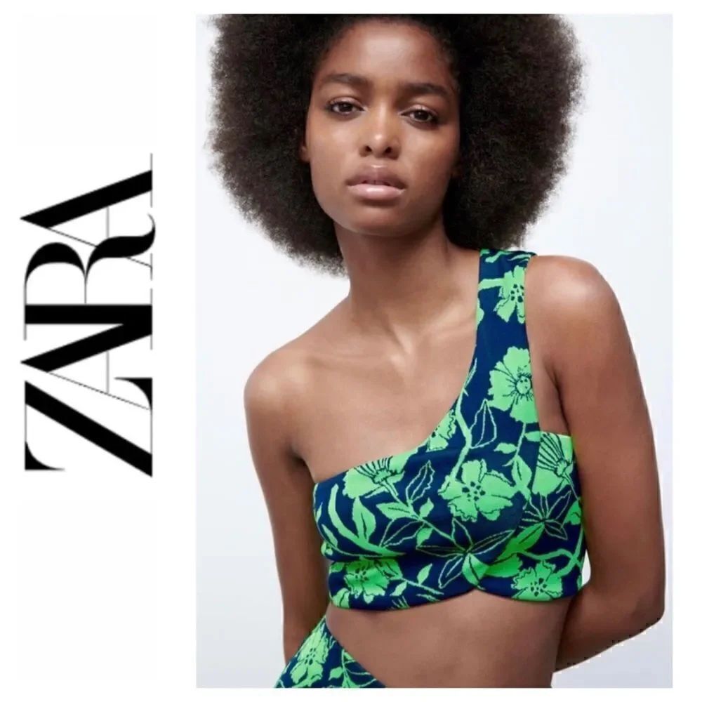 NWT Zara Jacquard Green & Blue Floral One Shoulder Asymmetric Neckline Crop Top